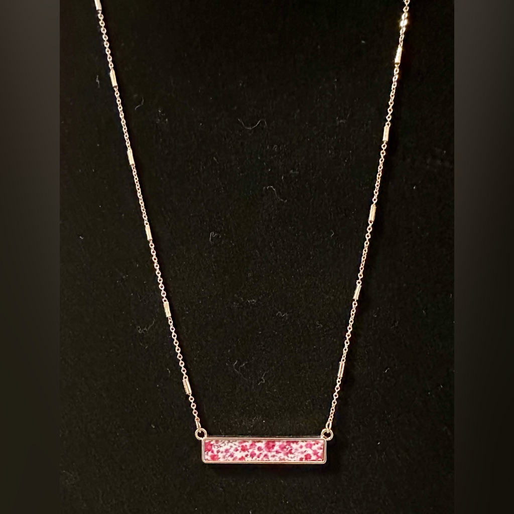 3/$30 Elegant Pink Crystal Necklace With Minimalist Bar Floral Pendant